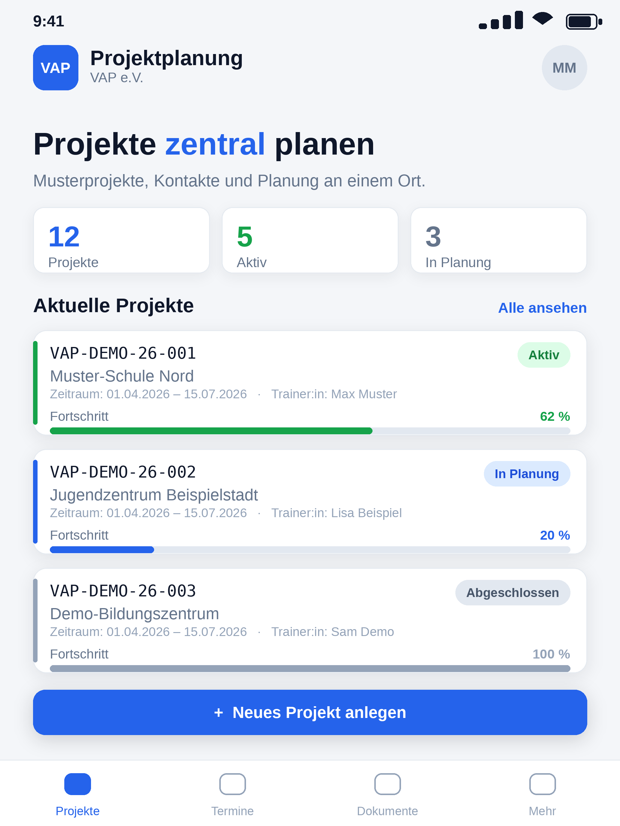 VAP Projektplanung: Projektübersicht mit Musterdaten